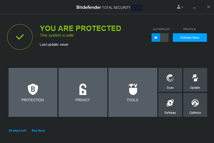 BitDefender Total Security windows